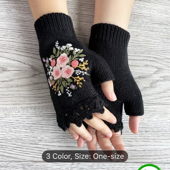 no brand Accessories - Black Mittens Fingerless Gloves with Pink Floral Design